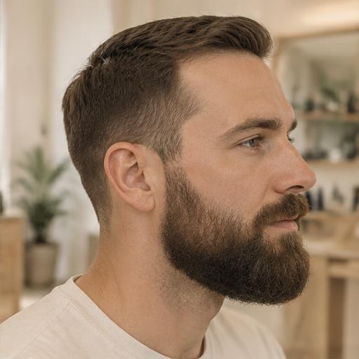Neatly shaped beard and classic short haircut