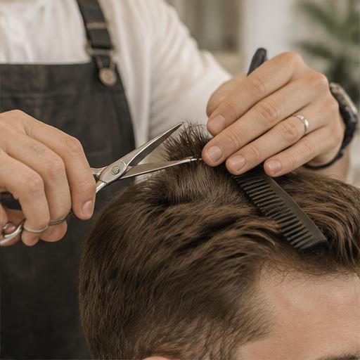 Close-up of a barber carefully cutting hair with scissors and a comb